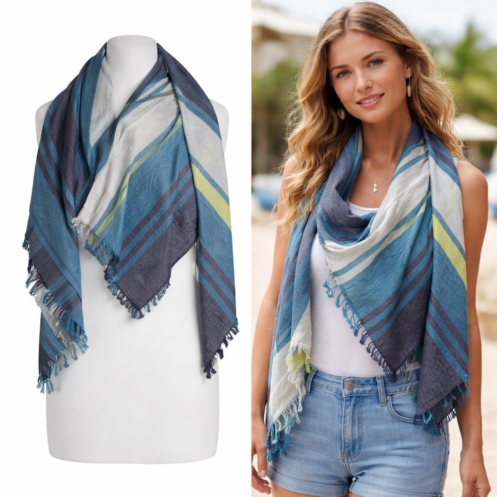 L.L. Bean | Blue Striped Scarf Shawl Wrap Lightweight Fringe | OSFA